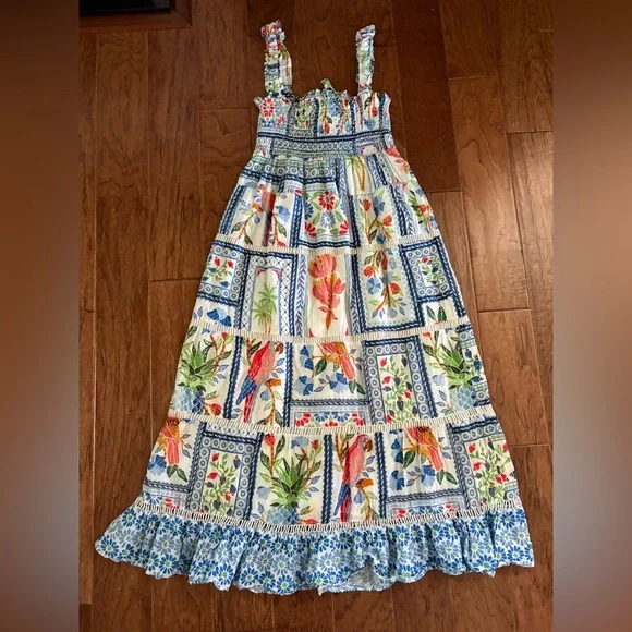 FARM Rio Tropical Tiles Smocked Maxi Dress Boho Floral Size M - Picture 5 of 12